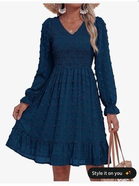 Smocked V-Neck Long Sleeve Navy Midi Dress